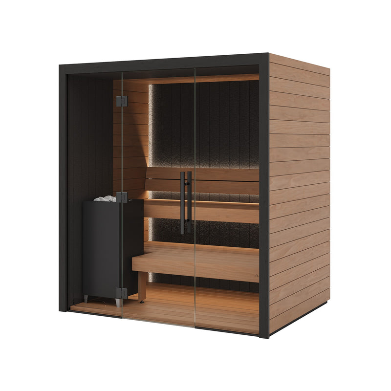 Auroom Vulcana indoor sauna, Thermo Aspen, left-hinged door - three-quarter view with glass front and heater
