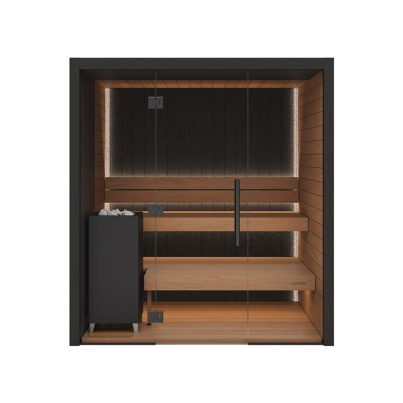 Auroom Vulcana indoor sauna, Thermo Aspen, left-hinged door - front view with glass front and heater