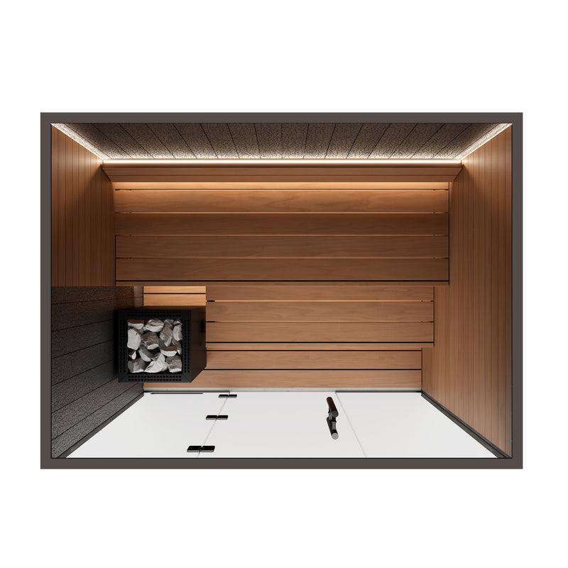 Auroom Vulcana indoor sauna, Thermo Aspen, left-hinged door - straight-on interior view with ceiling light