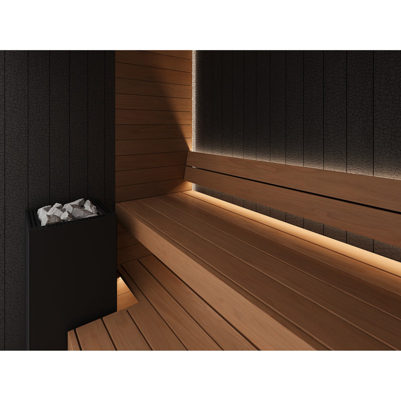 Auroom Vulcana indoor sauna, Thermo Aspen, left-hinged door - interior bench and heater with backlighting