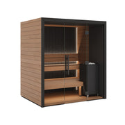 Auroom Vulcana indoor sauna, Thermo Aspen, right-hinged door - three-quarter view with glass front and heater