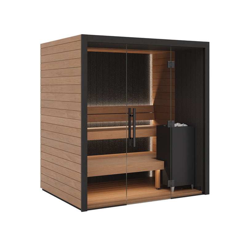 Auroom Vulcana indoor sauna, Thermo Aspen, right-hinged door - three-quarter view with glass front and heater