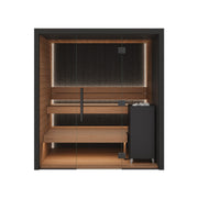 Auroom Vulcana indoor sauna, Thermo Aspen, right-hinged door - front view with glass front and heater