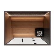 Auroom Vulcana indoor sauna, Thermo Aspen, right-hinged door - straight-on interior view with ceiling light