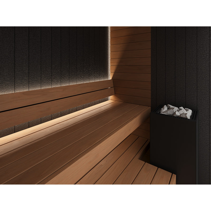 Auroom Vulcana indoor sauna, Thermo Aspen, right-hinged door - interior bench and heater with backlighting