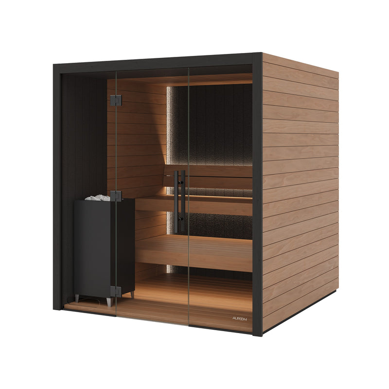Auroom Vulcana indoor sauna, Thermo Aspen, left-hinged door - three-quarter view with glass front and heater