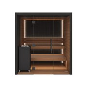 Auroom Vulcana indoor sauna, Thermo Aspen, left-hinged door - front view with glass front and heater