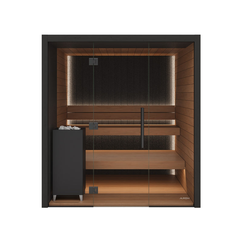 Auroom Vulcana indoor sauna, Thermo Aspen, left-hinged door - front view with glass front and heater