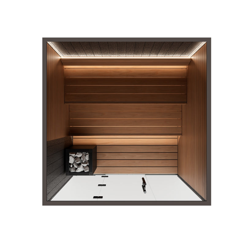 Auroom Vulcana indoor sauna, Thermo Aspen, left-hinged door - straight-on interior view with ceiling light