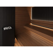 Auroom Vulcana indoor sauna, Thermo Aspen, left-hinged door - interior bench and heater with backlighting