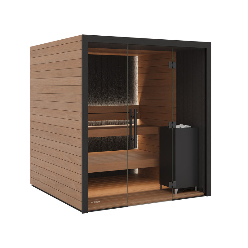 Auroom Vulcana indoor sauna, Thermo Aspen, right-hinged door - three-quarter view with glass front and heater