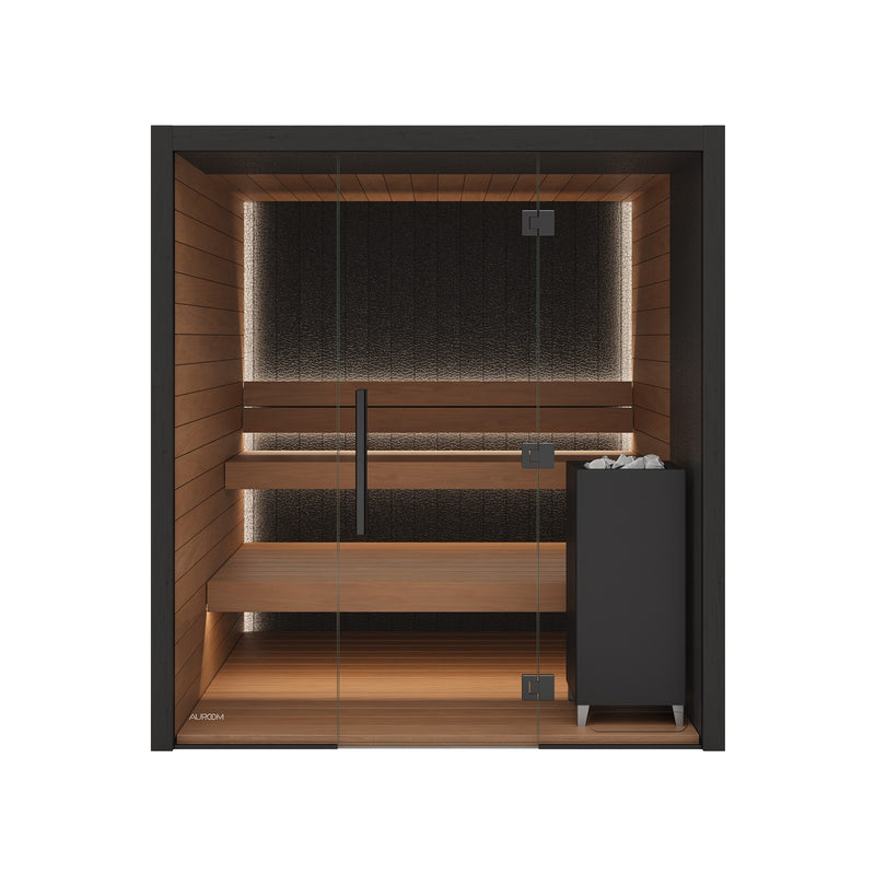 Auroom Vulcana indoor sauna, Thermo Aspen, right-hinged door - front view with glass front and heater