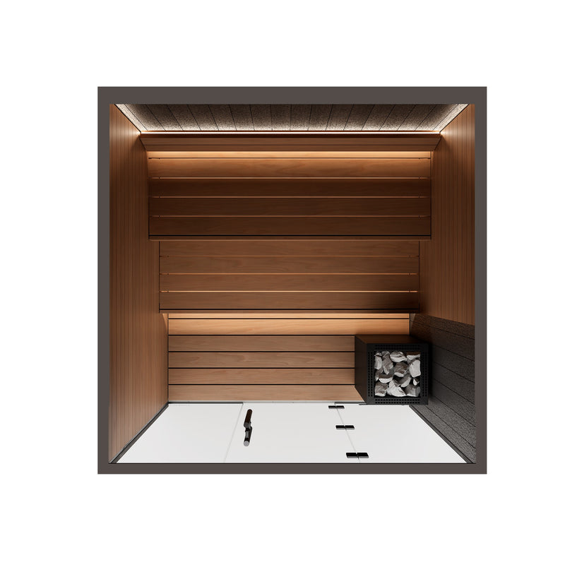 Auroom Vulcana indoor sauna, Thermo Aspen, right-hinged door - straight-on interior view with ceiling light