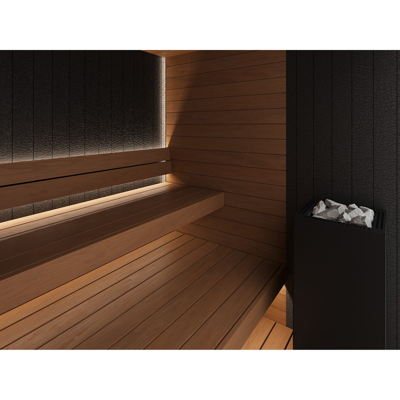 Auroom Vulcana indoor sauna, Thermo Aspen, right-hinged door - interior bench and heater with backlighting