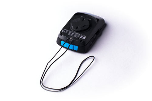Wahoo ELEMNT BOLT and ROAM Tether, back of a BOLT with the blue tether loop