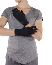 Copper Compression Full Finger Gloves, a woman in a grey tee with both gloves on, arms folded