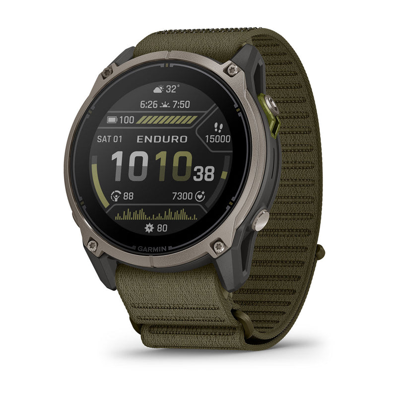 Garmin Enduro 4 with a dark olive ComfortFit fabric band