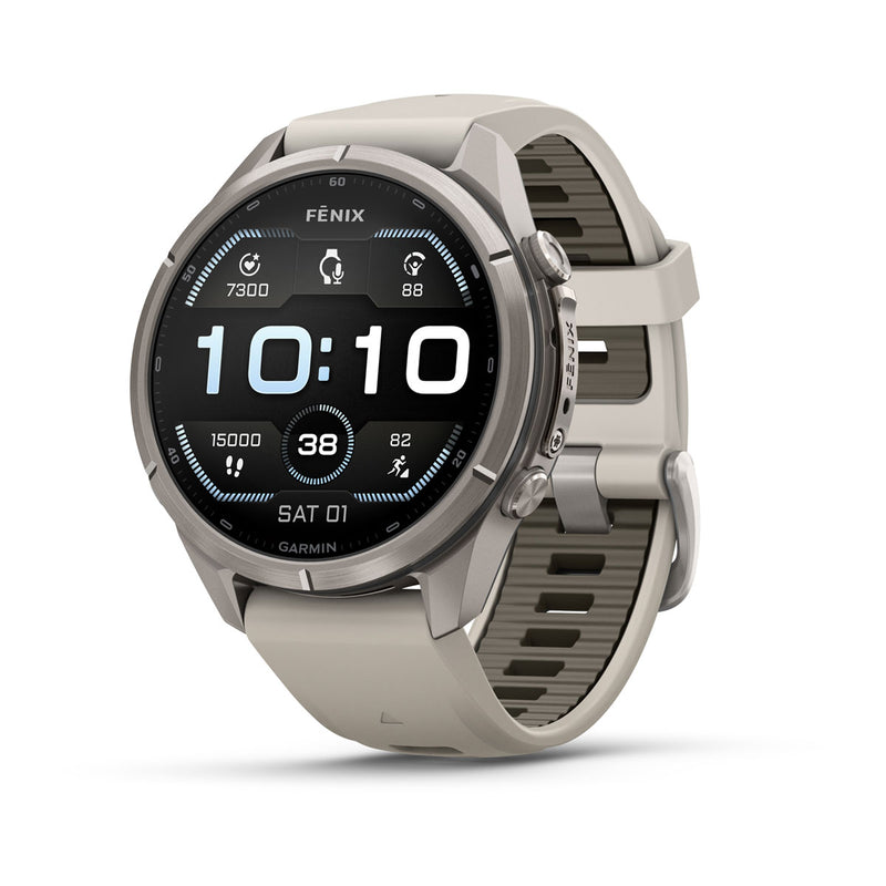 Garmin fēnix 9 Pro Multisport GPS Smartwatch — Titanium with Fog Gray/Dark Sandstone Silicone Band