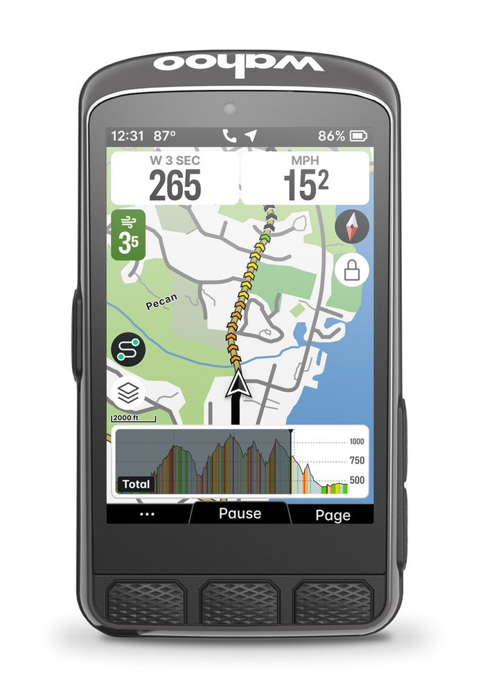 Wahoo ELEMNT ACE, unit with a map screen and speed and metrics on the display