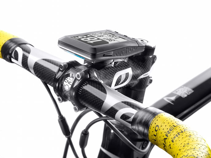 Wahoo ELEMNT Stem Mount, ELEMNT on the stem, yellow bar tape alongside