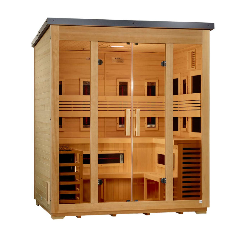 Golden Designs "Gargellen" 5 Person Hybrid (PureTech™ Full Spectrum IR or Traditional Stove) Outdoor Sauna -  Canadian Hemlock