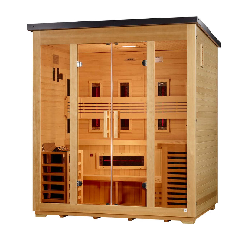 Golden Designs "Gargellen" 5 Person Hybrid (PureTech™ Full Spectrum IR or Traditional Stove) Outdoor Sauna -  Canadian Hemlock