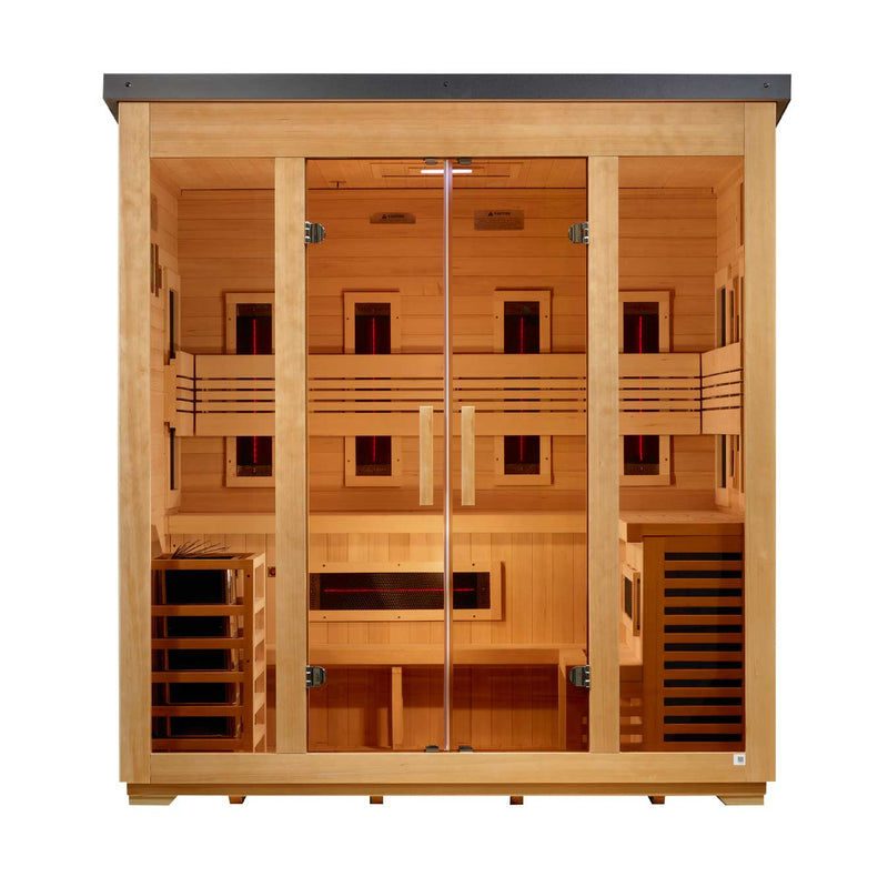 Golden Designs "Gargellen" 5 Person Hybrid (PureTech™ Full Spectrum IR or Traditional Stove) Outdoor Sauna -  Canadian Hemlock