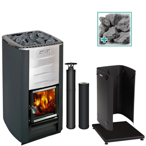 Harvia M3 Wood Burning Stove Kit w/ Chimney, Sheath, Floor Protection and Stones