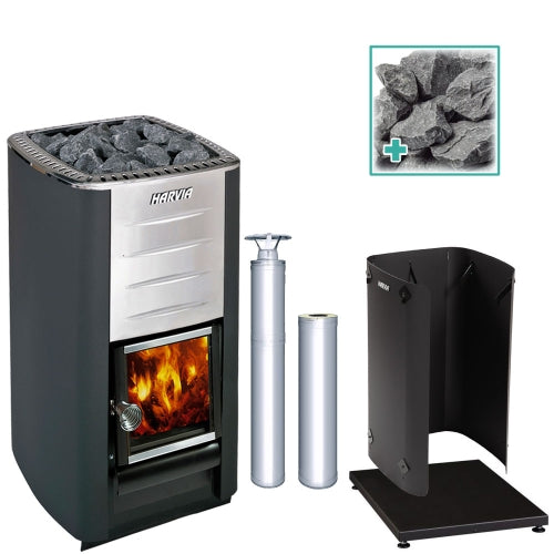 Harvia M3 Wood Burning Stove Kit w/ Chimney, Sheath, Floor Protection and Stones