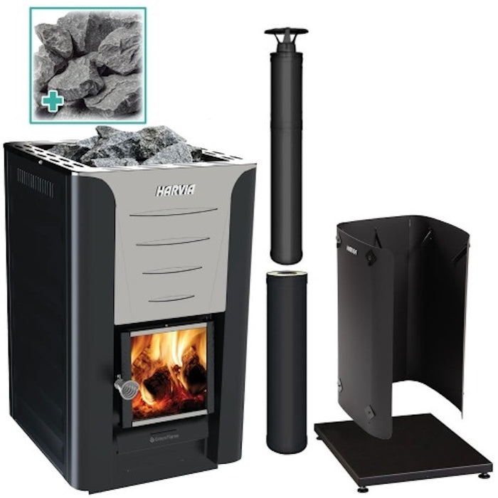 Harvia PRO 20 24kW Wood Burning Stove Package w/ Chimney Kit, Protective Bedding, Sheath, Stones