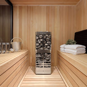 Homecraft Revive sauna heater between cedar benches with towels