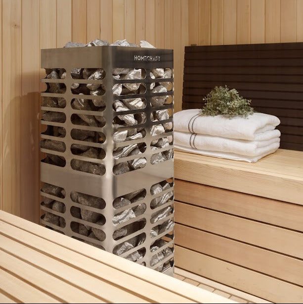 Homecraft Revive sauna heater beside a bench with towels