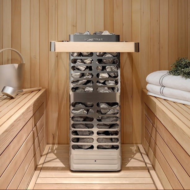 Homecraft Revive sauna heater with wood guard in a cedar sauna