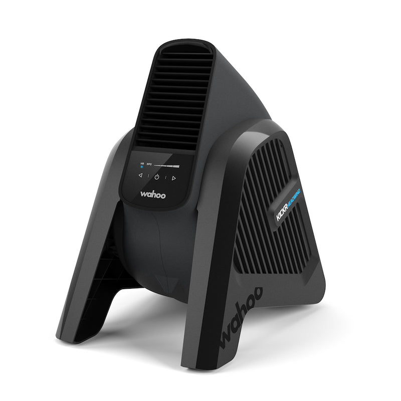 Wahoo KICKR Headwind, fan tilted upward on its stand