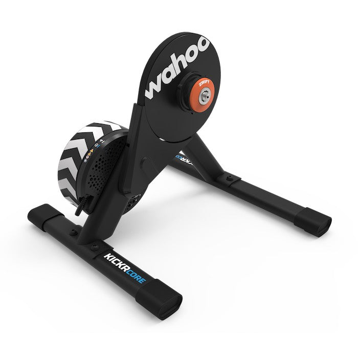 Wahoo KICKR CORE 2 Zwift, orange flywheel cover, Zwift Cog and chevron housing