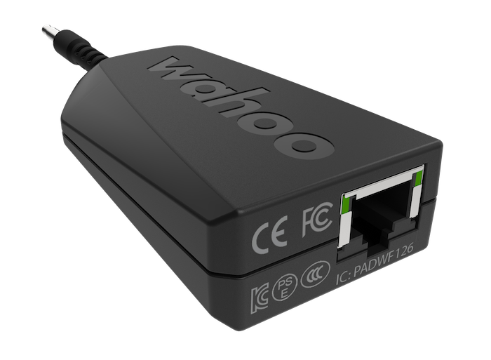 Wahoo KICKR Direct Connect, black pod with ethernet port and Wahoo mark