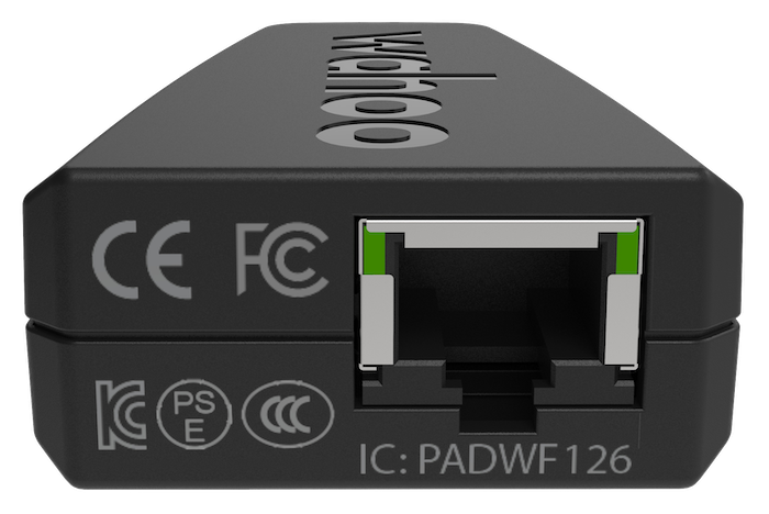 Wahoo KICKR Direct Connect, pod end with RJ45 port and regulatory marks