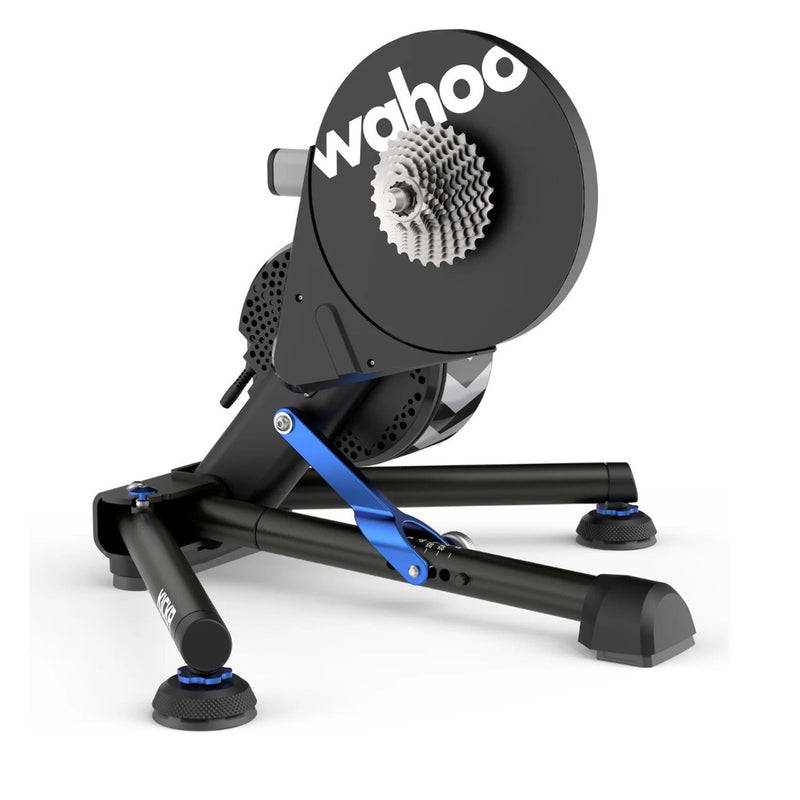 Wahoo KICKR Trainer, trainer with flywheel cover, cassette and blue legs