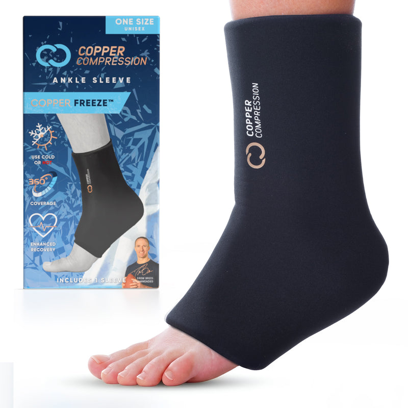 Copper Compression CopperFreeze Ankle Sleeve, the black ankle sleeve worn on a foot beside its one-size retail pack