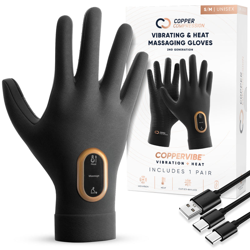 Copper Compression CopperVibe 2.0 Gloves, the black heated vibrating gloves shown as a pair