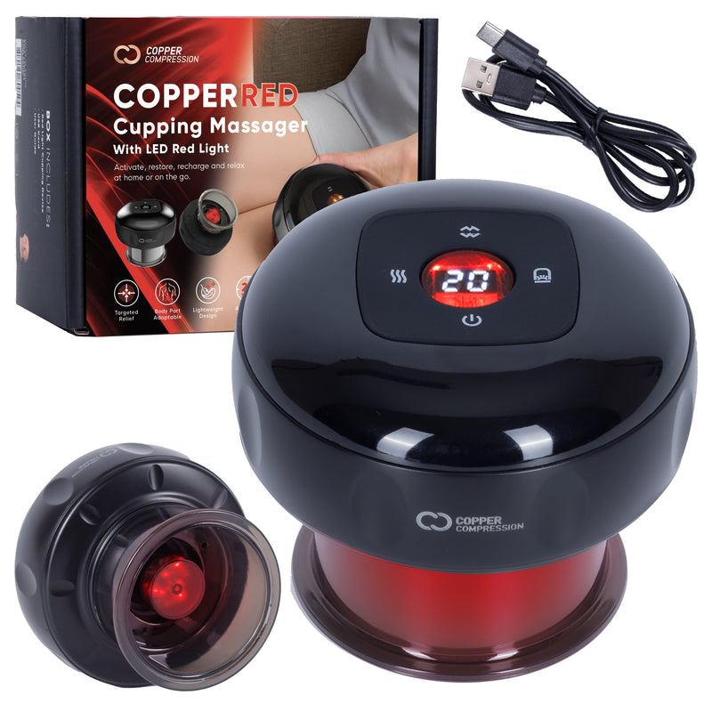 Copper Compression CopperRed Cupping Device, the black device with its box, USB cable and a spare cup, showing 20 on the digital display