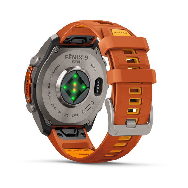 Garmin fēnix 9 Pro Multisport GPS Smartwatch — 47 mm, Titanium with Autumn Orange, rear optical sensor array