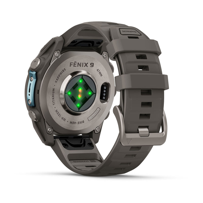 Garmin fēnix 9 Multisport GPS Smartwatch — 47 mm, Titanium with Pebble Gray, rear optical sensor array