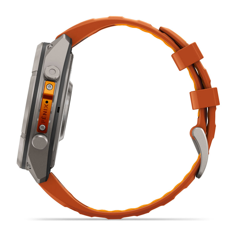 Garmin fēnix 9 Pro Multisport GPS Smartwatch — 47 mm, Titanium with Autumn Orange, side profile, band open