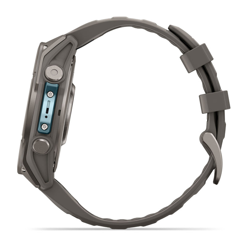 Garmin fēnix 9 Multisport GPS Smartwatch — 47 mm, Titanium with Pebble Gray, side profile, band open