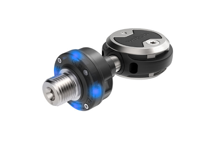 Wahoo SPEEDPLAY POWER Dual-Sided, single pedal with blue highlights on the pod