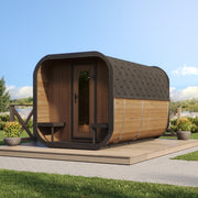 SaunaLife CL12GCP 8-Person Long Outdoor Traditional Cube Sauna w/ Changing Room - lakeside patio setting on a wood deck