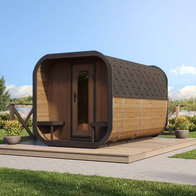 SaunaLife CL12GCP 8-Person Long Outdoor Traditional Cube Sauna w/ Changing Room - lakeside patio setting on a wood deck