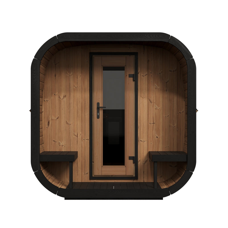 SaunaLife CL12GCP 8-Person Long Outdoor Traditional Cube Sauna w/ Changing Room - front view with door and porch benches