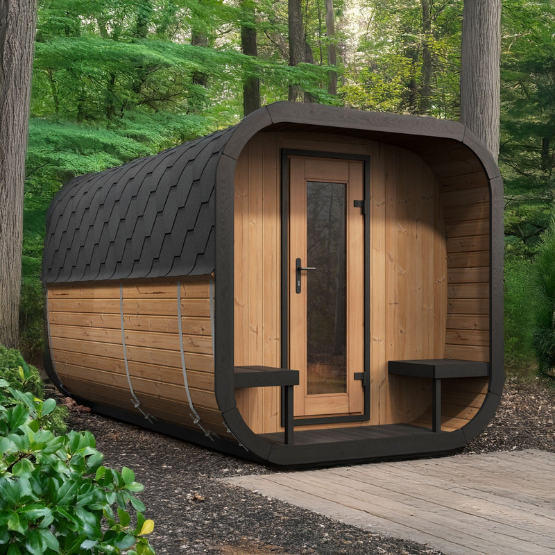 SaunaLife CL12GCP 8-Person Long Outdoor Traditional Cube Sauna w/ Changing Room - forest path setting